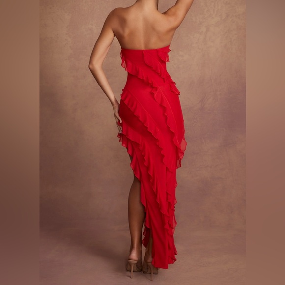 Oh Polly NEVALI Bandeau Ruffle Detail Maxi Dress in Red - Picture 2 of 4